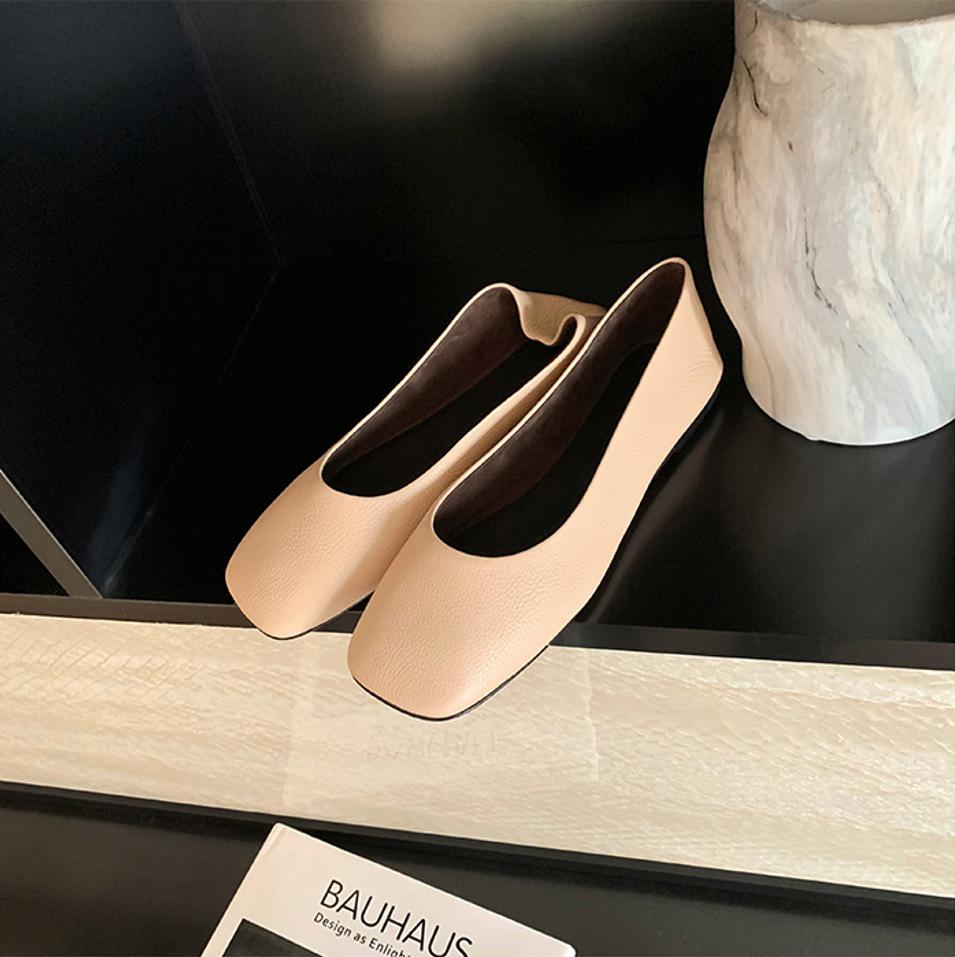 Spring flat-soled ballet shoes minimalist retro square-headed grandma shoes niche soft leather single shoes