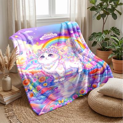 Rainbow Fantasy Cat Theme Blanket Lightweight Warm Flannel Blanket Decorative Throw Blanket for Home Decoration