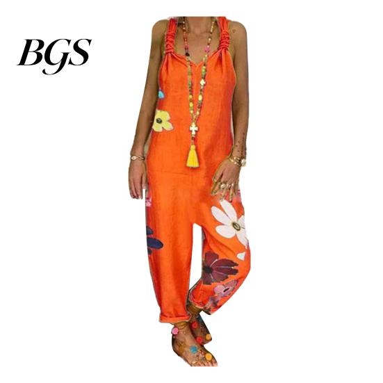 Kvinders Ærmeløs Hagesmækdragt Rygløs Blomstret Print Løstsiddende Jumpsuit Dungarees