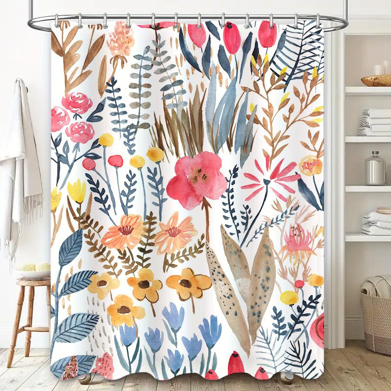 Artistic Floral Print Shower Curtain Watercolor Flowers in Blue, Pink Yellow for Bathroom Decoration