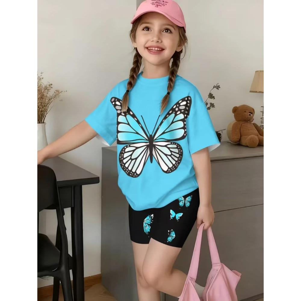 2-teiliges Sommer-Kinder-Komfort-Süßes Schmetterlings-3D-Druck-Kurzarm-Shorts-Set für Jungen und Mädchen Lässiges Haus-Outdoor-Set
