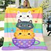 1pc Cozy Cartoon Cat Print Flannel Blanket - Soft Warm All-Season Throw with Whimsical Kittens In Mugs Design, Multi-Color Stripes And Hearts, Lightwe