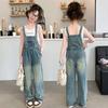  Kids Girls Denim Overalls Casual Wide Leg Star Embroidered Jumpsuit For Children