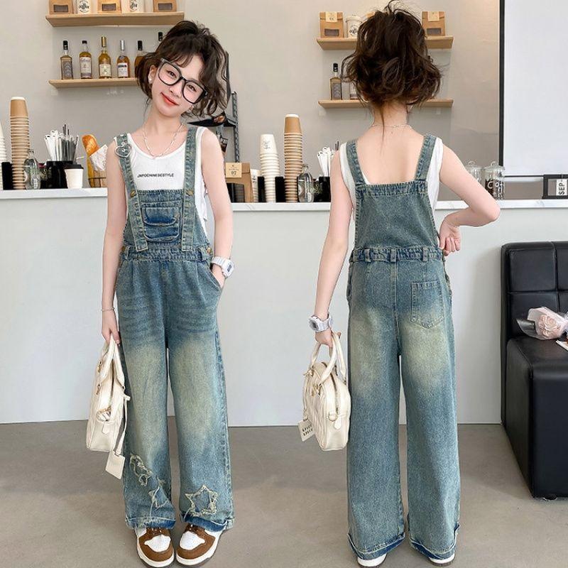 Kids Girls Denim Overalls Casual Wide Leg Star Embroidered Jumpsuit For Children 110cm синий