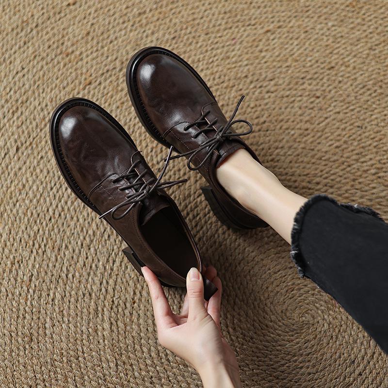 Modă 2025 Pantofi cu toc pentru femei Primăvară Toamnă cu șireturi Vârf rotund Confortabili Concisi Piele naturală Mocasini Pantofi Femeie Pantofi casual de lucru