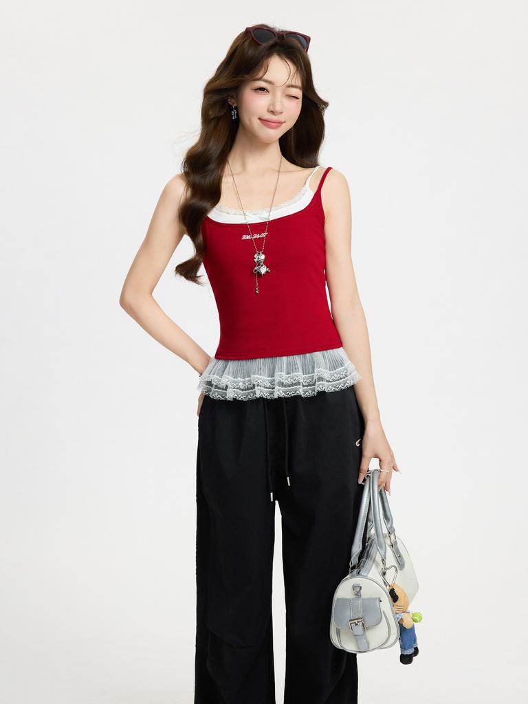 American contrasting lace hem fake two-piece vest suspenders women spring summer babes small red 