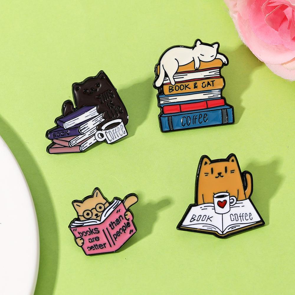 4 Styles Cute Cat &Book And Coffee Design Enamel Brooches Kitten Kitty Reading Drinking Enamel Pins For Pet Lovers Gif T