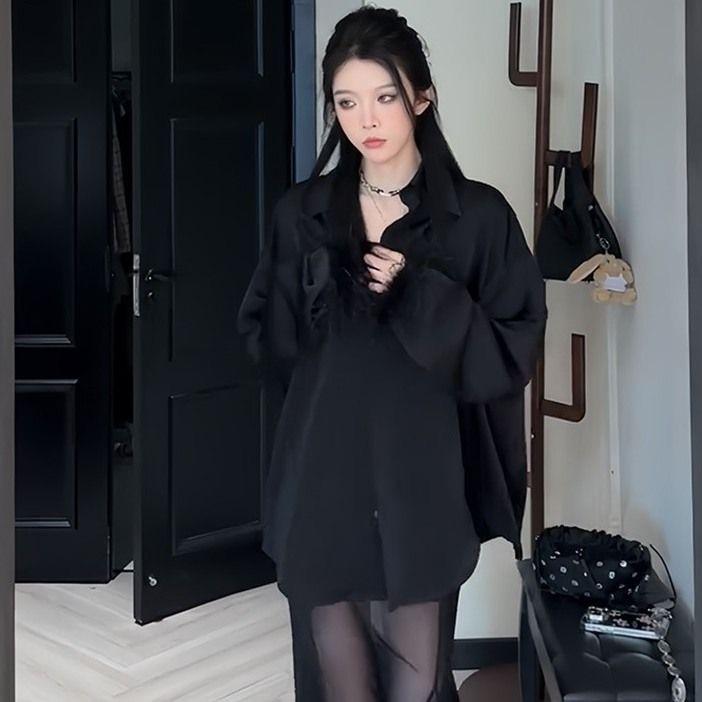 Chic Retro Black Suit Set: Women's Spring/Summer Mesh Spliced Loose Shirt & Long Skirt Two-Piece