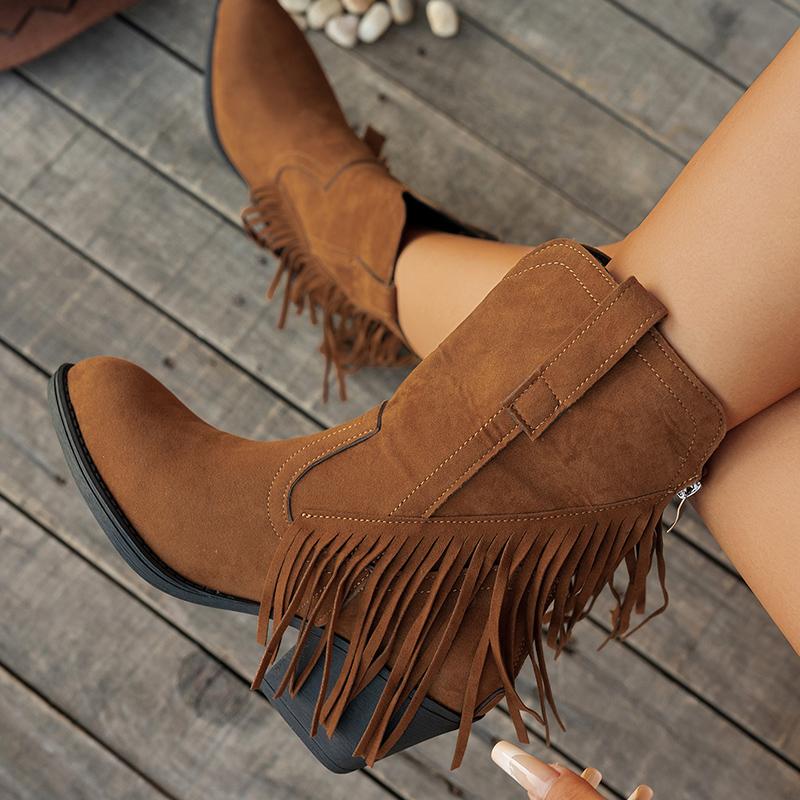 Retro Tassel Suede Western Cowboy Boots Women 2025 Winter Sexy Pointed Toe High Heel Ankle Boots Woman's Designer Short Boties