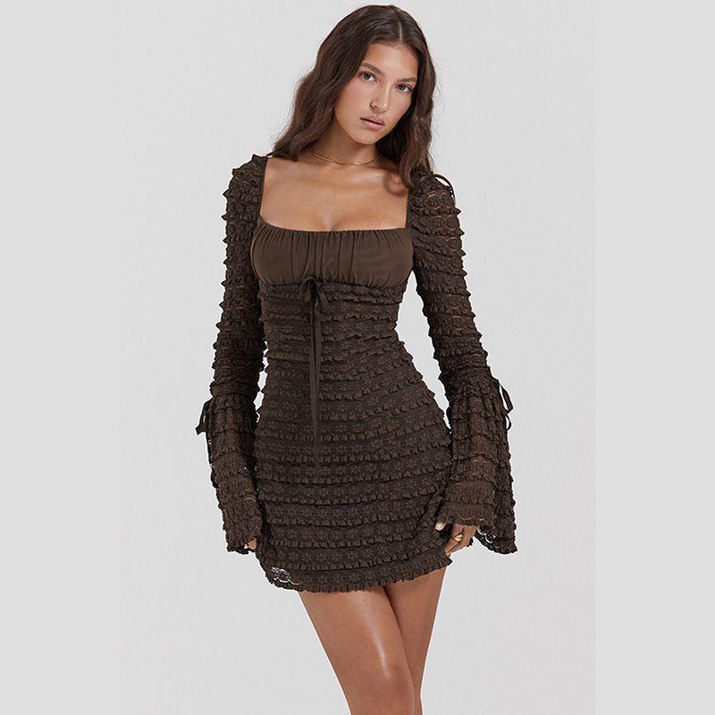 

Sexy Dress Fall New Sexy Sexy Bodycon Dress Elegant Elegance Silm Lace Sunken Stripe Dress Women Brown S
