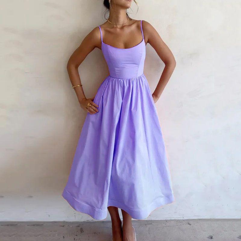 European and American Sexy U-Collar Waist Hugging Pleat Sling Big Hemline Dress Women Sexy Suspender Dress