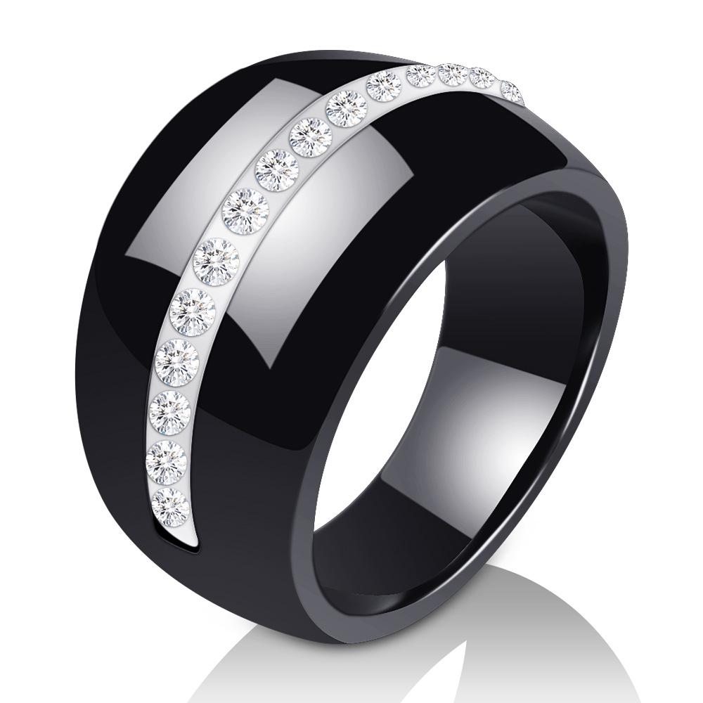 European & American 14MM Large Black & White Diamond-Set Ceramic Couple Rings - Elegant & Fashionable.