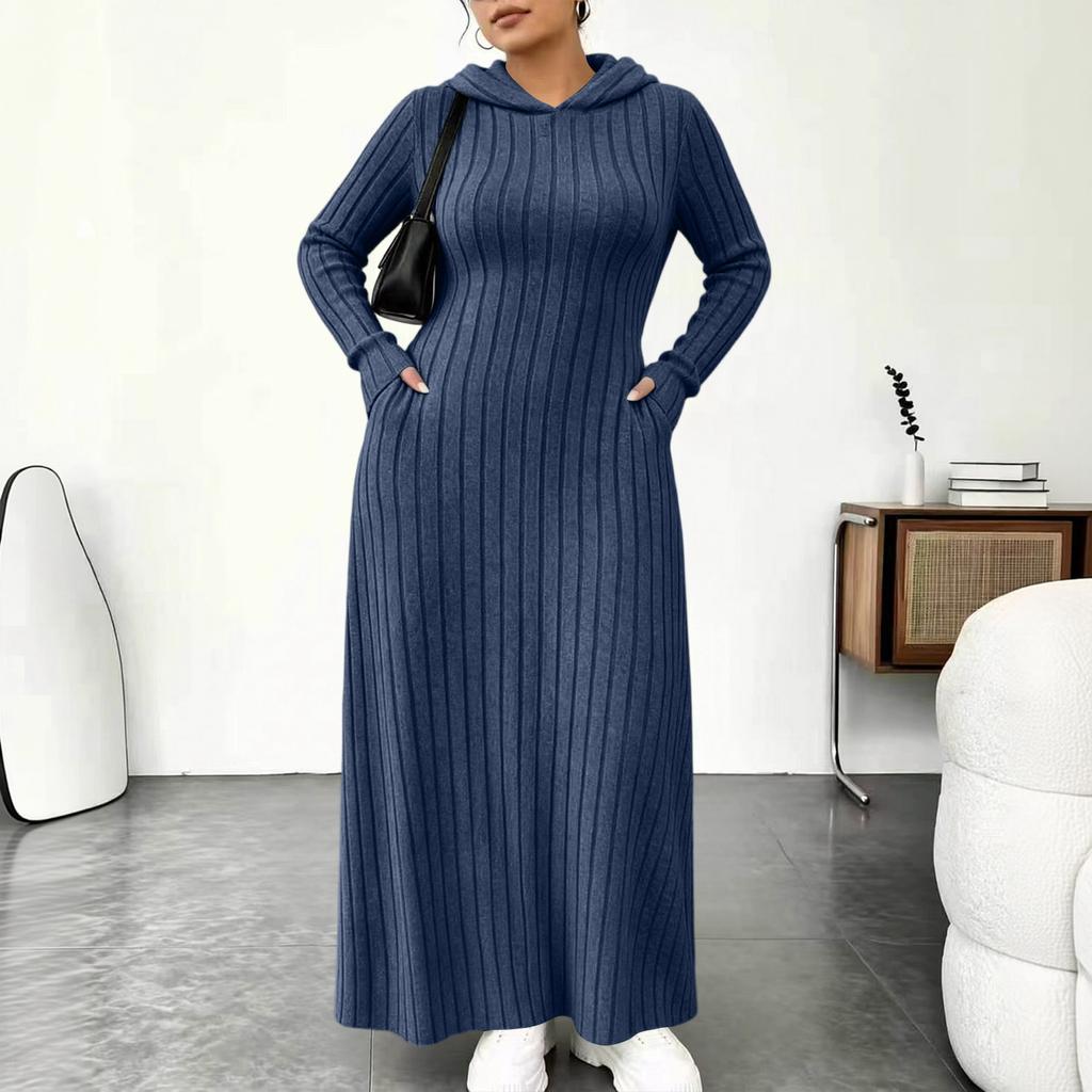 Women's Fashion Color Hooded Ribbed Dress with Slim Fit Cinched Waist and Pockets