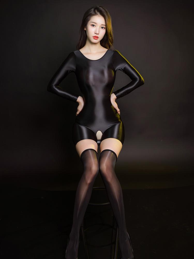 Deep V Neck Satin Smooth Oil Glossy Shiny Bodysuit Sheer See Through Open Crotch Sexy Tights Elastic Shaping Leotard Jumpsuit