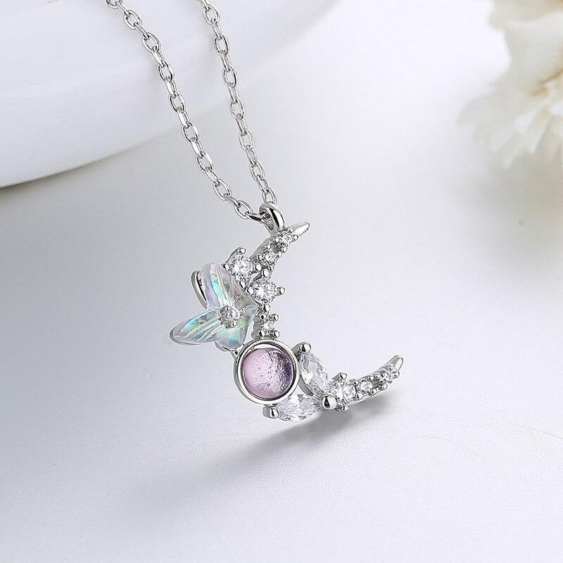 925 Sterling Silver Collier Zircon Butterfly Moon Necklace Pendant For Women Wedding Fashion New Jewelry Accessories Dz362