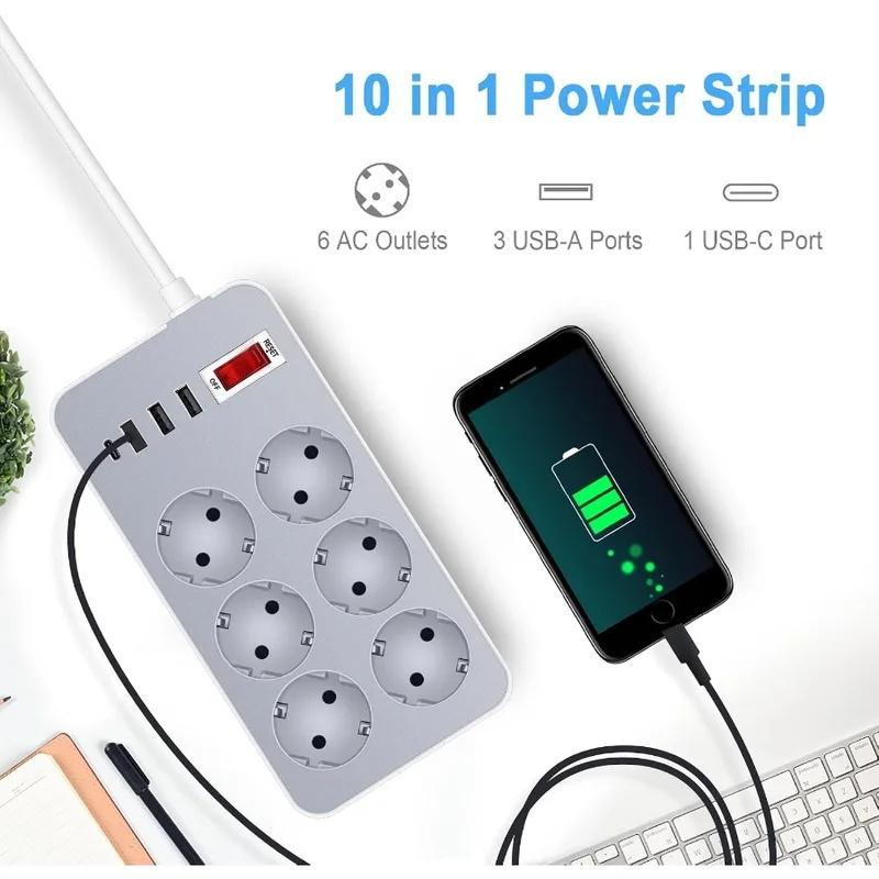 10 In 1 EU Plug Switch Power Strip 1.8 M 4 USB Ports (3 USB A + 1 USB C) And 6 Outlets, Surge Protection Smart Charging Station