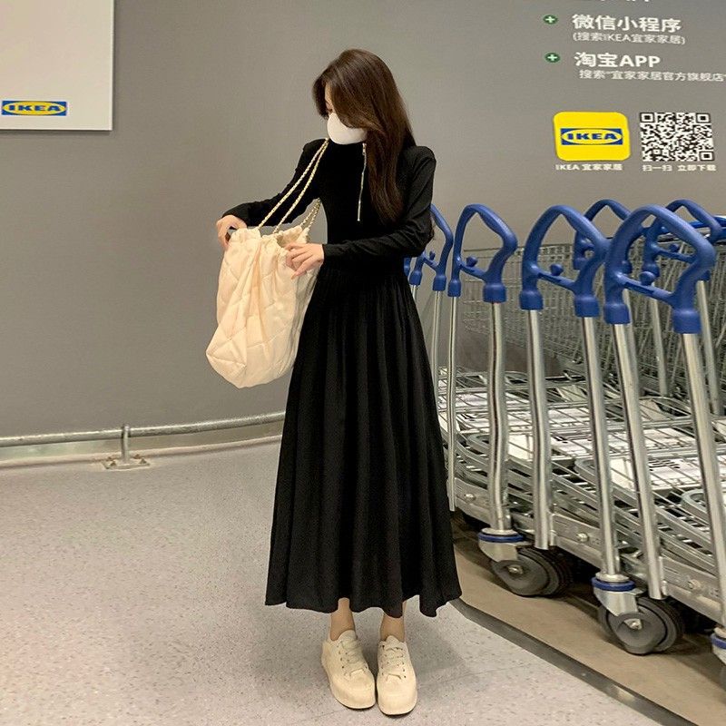 Hepburn black dress women s autumn new long-sleeved waist thin small black dress high-end round neck long dress S чёрный