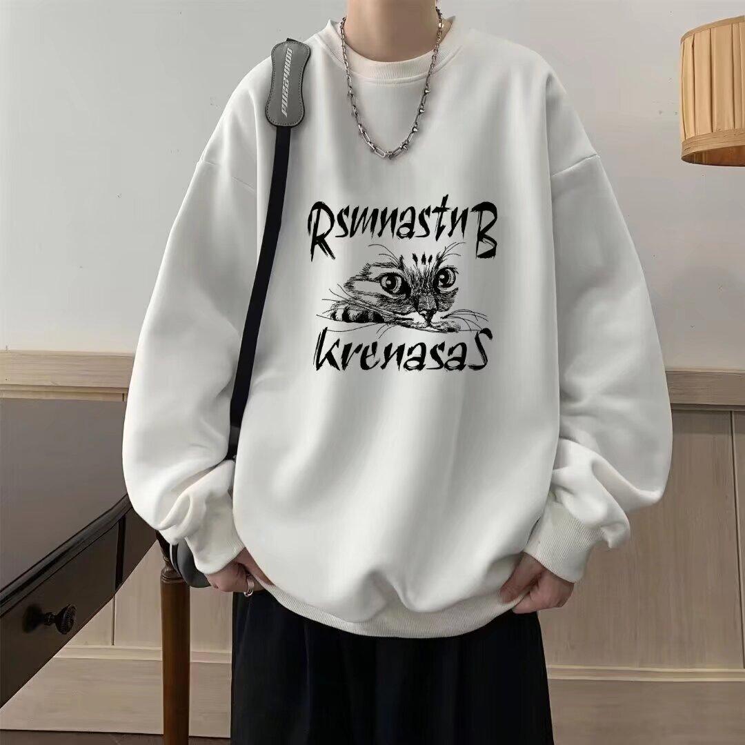 Толстовка унисекс в корейском стиле, осень-весна, свитшот с буквенным принтом, повседневный свободный топ, пуловер с круглым вырезом, пуловер с кошачьим узором M белый