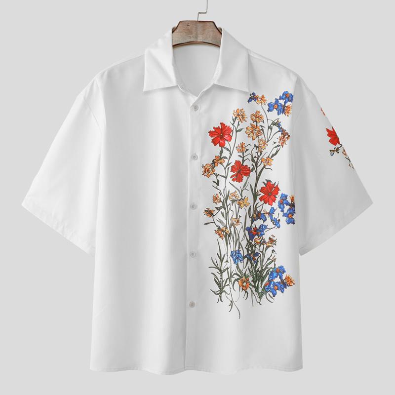 

INCERUN Summer Men Lapel Neck Floral Print Buttons Oversized Casual Shirts 2XL белый