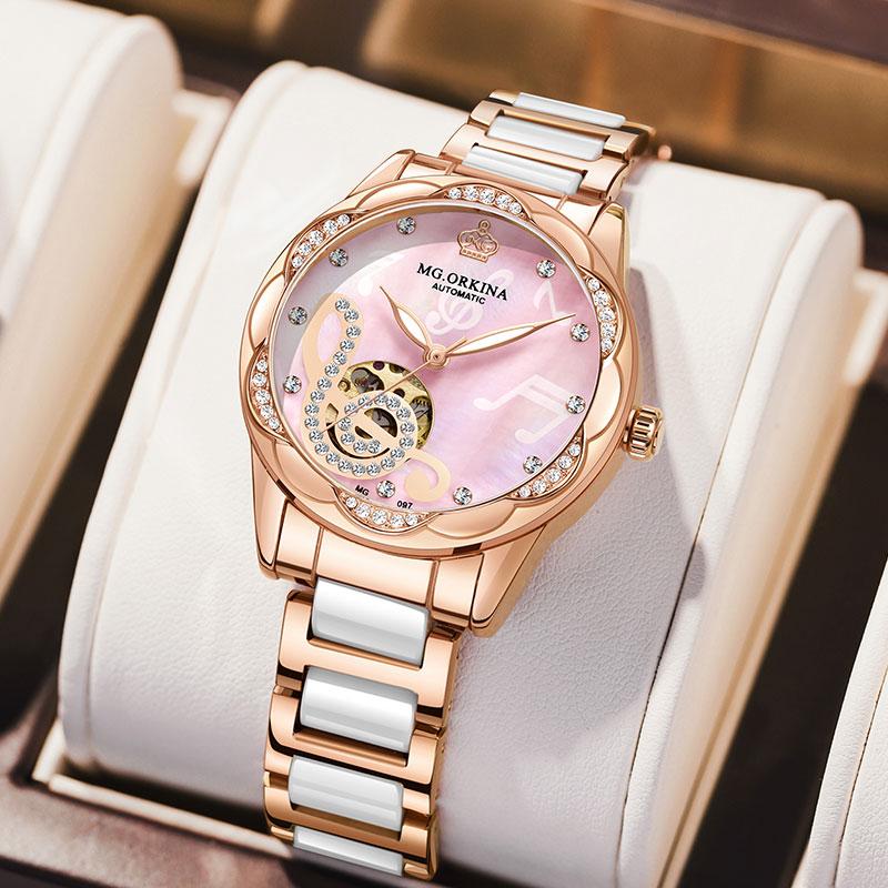 New Limited Edition Mechanical Women Watches Top Brand Luxury Diamond Design Ceramic Stainless Steel Band Automatic Female Watch