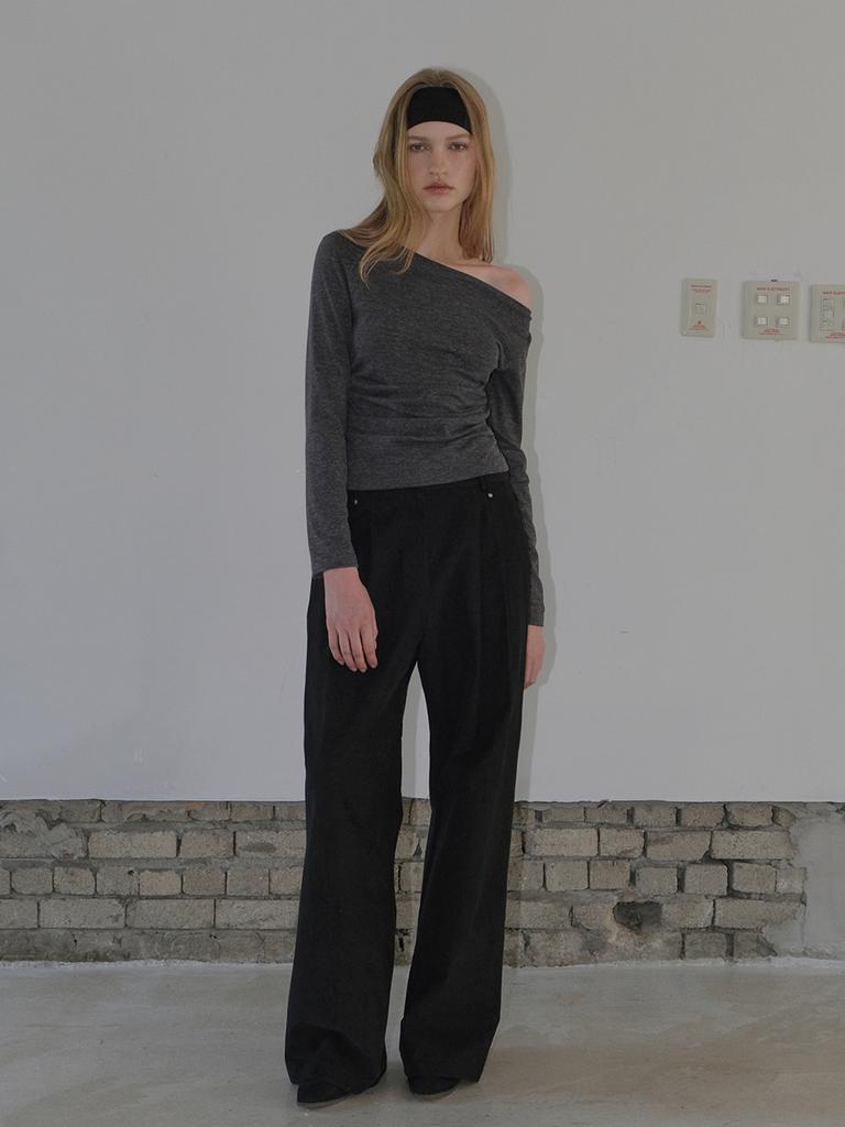 ETMON Oblique Neck Shirring T-Shirt, Charcoal