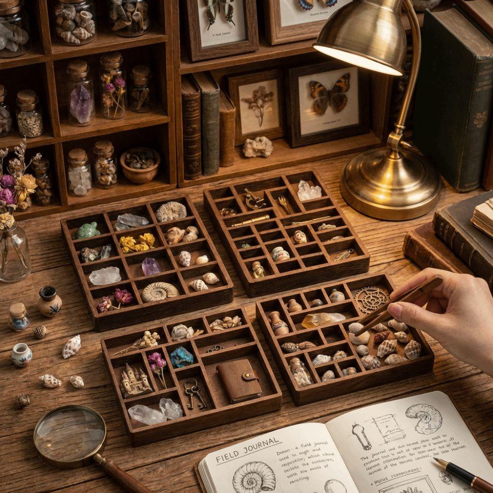 Mini Schmuckhalter aus Holz Miniatur Kristall Mehrere Fächer Schmuck-Display-Tablett Erzprobe Aufbewahrung Puppenhaus Regal