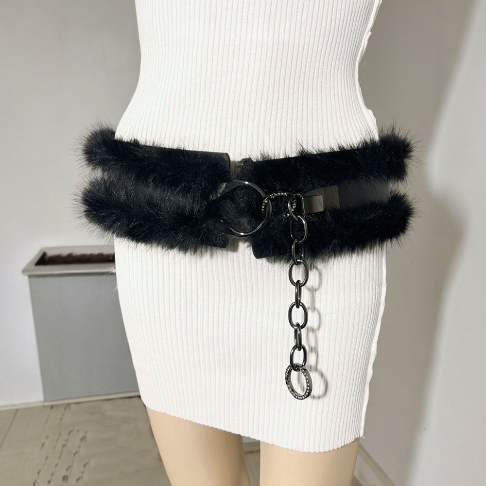 With Chain Punk Fur Belt Super Soft Waistband Jeans Pants Decor Plush Waist Chain