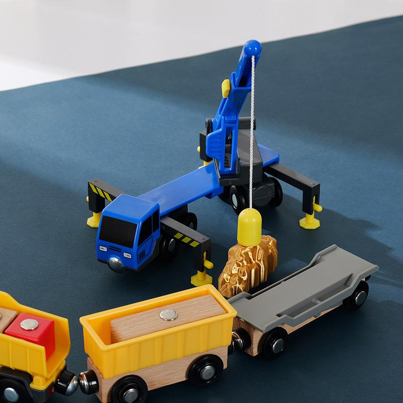 Wooden Train Track Set Magnetic Car Toy Crane Works Rescue Children Assemble Educational Toys For Kids Wooden Rail