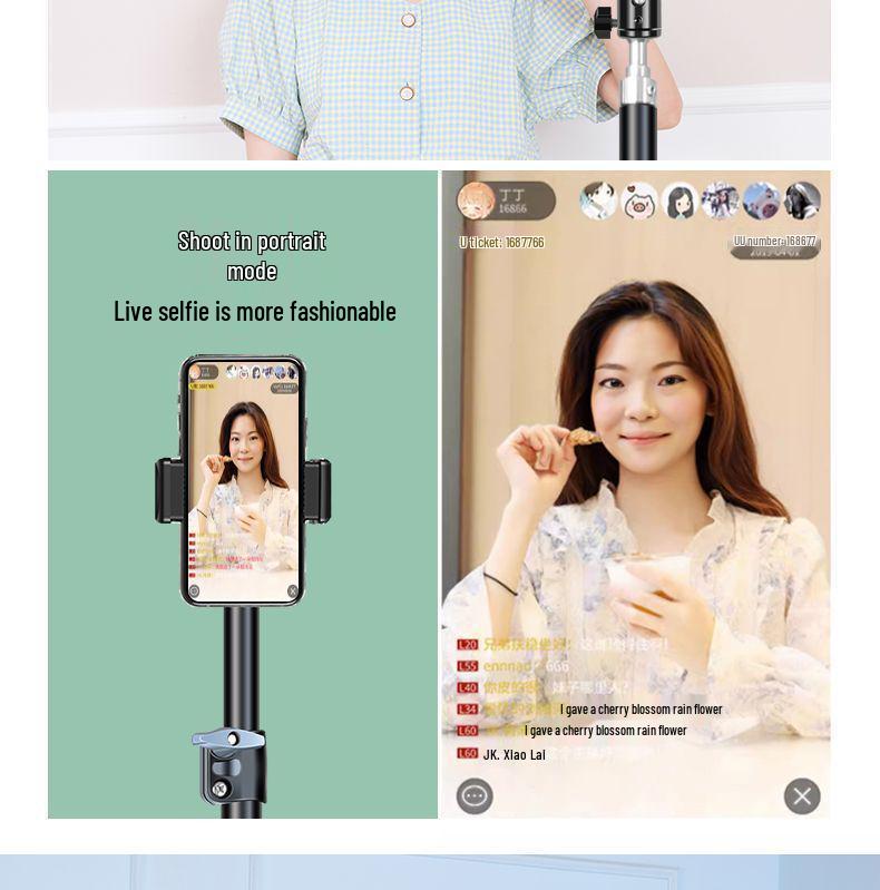 Dual Mobile Phone Outdoor Live Streaming Stand with Multi-Angle Capability, Fill Light, and Tripod.