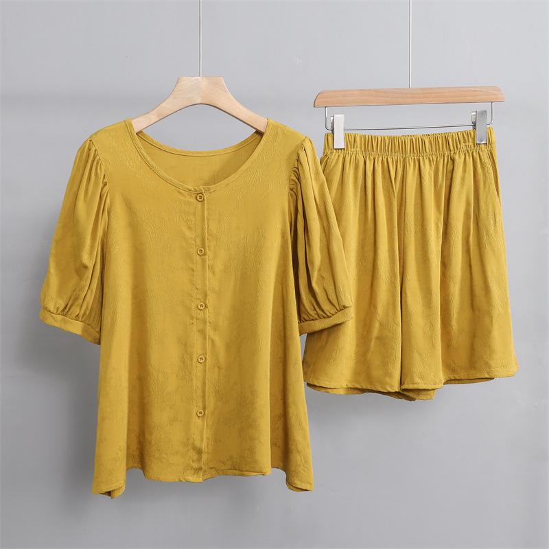 

Летний женский костюм-двойка из хлопка и шелка-жаккарда, 2025: Шорты и кардиган с коротким рукавом Large имбирный/жёлтый