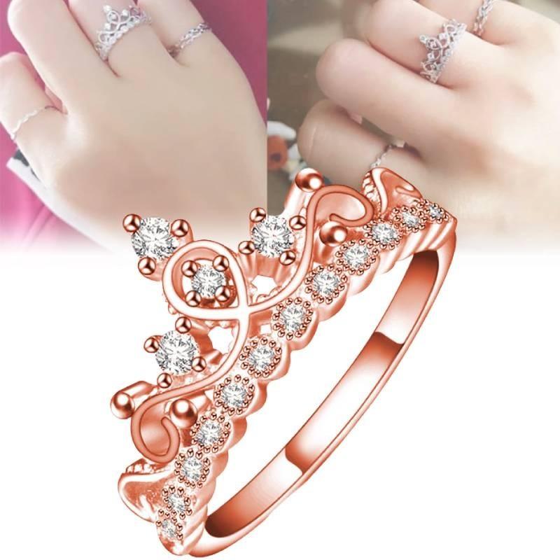 Elegant Rose Gold Plated Korean Crown Ring With Sparkling Gemstones For Women Fashion Jewelry