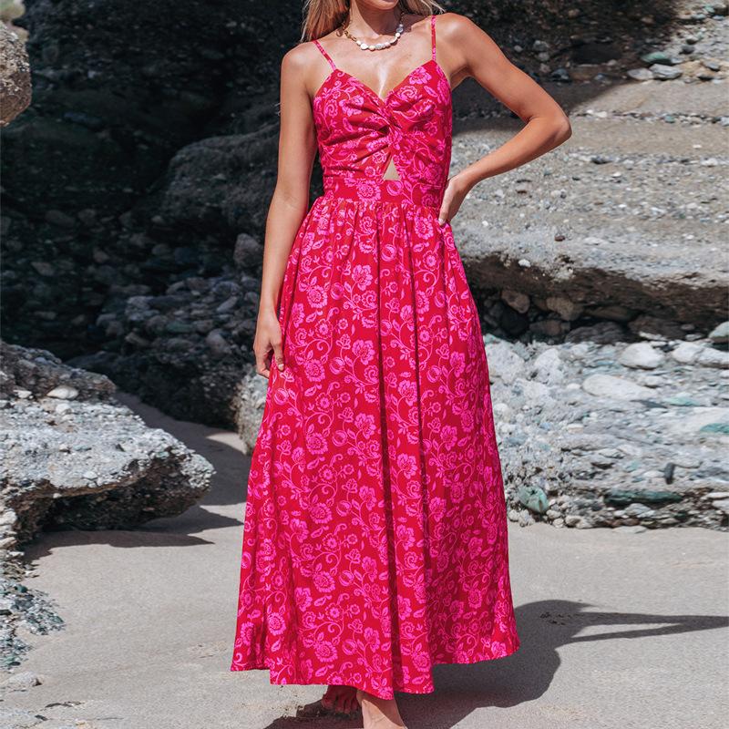European and American women s clothing women s vacation style floral print knotted V-neck long dress S красный