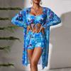 Damen Split Print Dreiteilige Langarm-Sonnenschutzkleidung Hohe Taille Boxer Badehose
