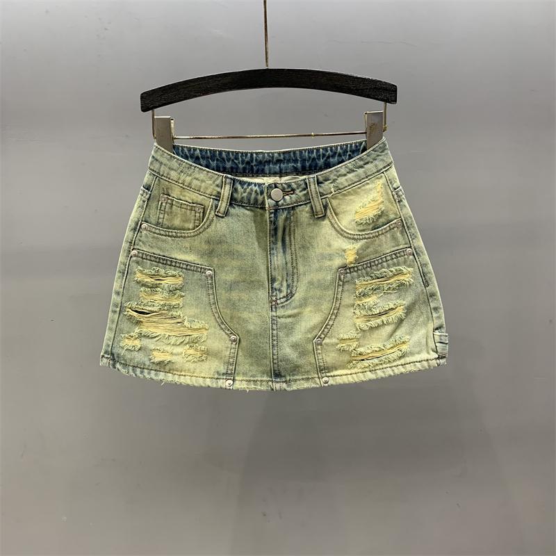 Retro Spice Girl Old Ripped Denim Short Skirt Women s Summer New High Waist Skinny A-Word Hip Wrap Skirt S