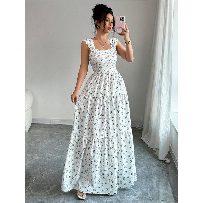 Europe, America 2026 summer new floral idyllic waist sleeveless elegant holiday dress women XS белый