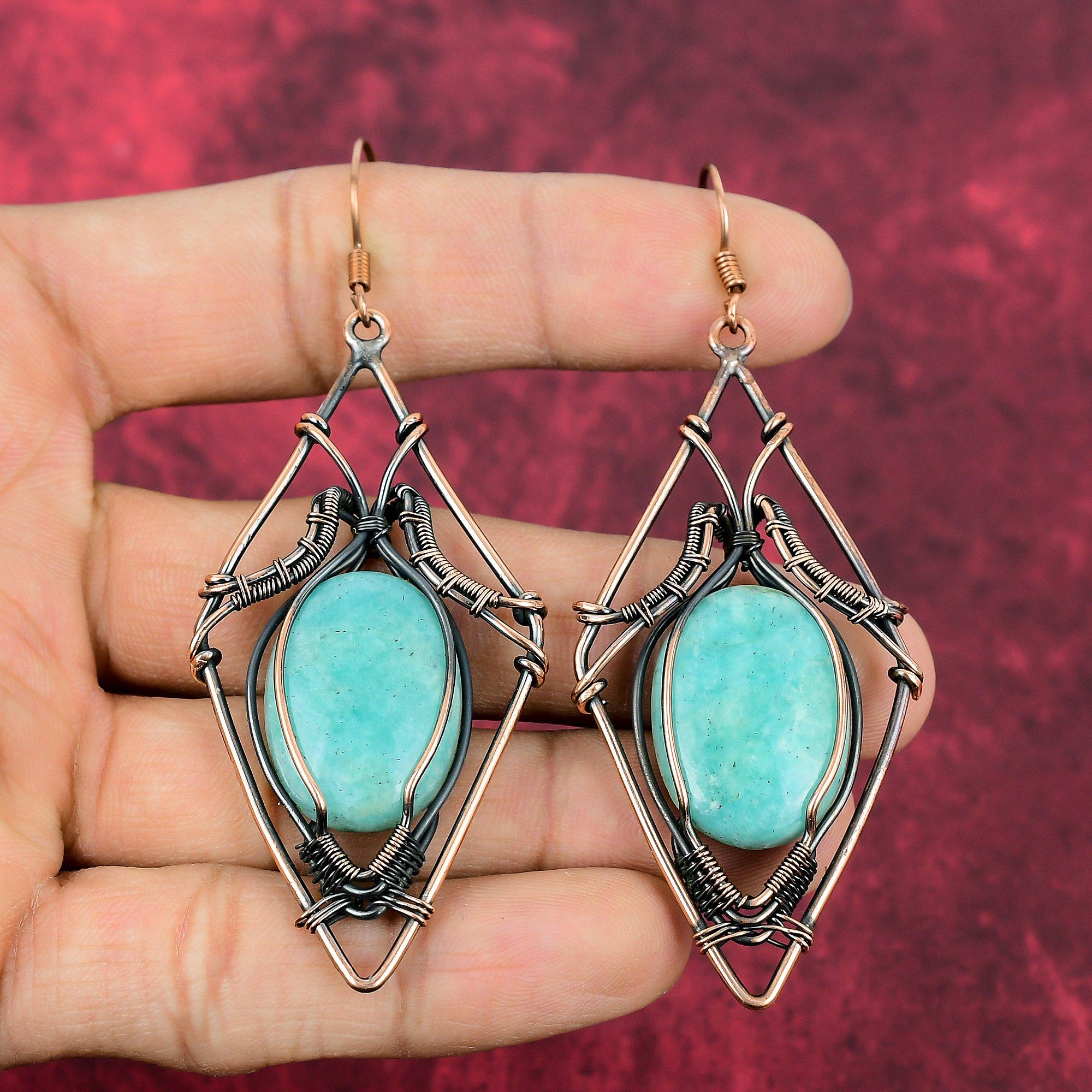 Amazonite Earring Copper Wire Wrapped Gemstone Earrings Copper Jewelry Handmade Earrings Wire Wrap Jewelry Birthstone Earrings Wedding Gifts
