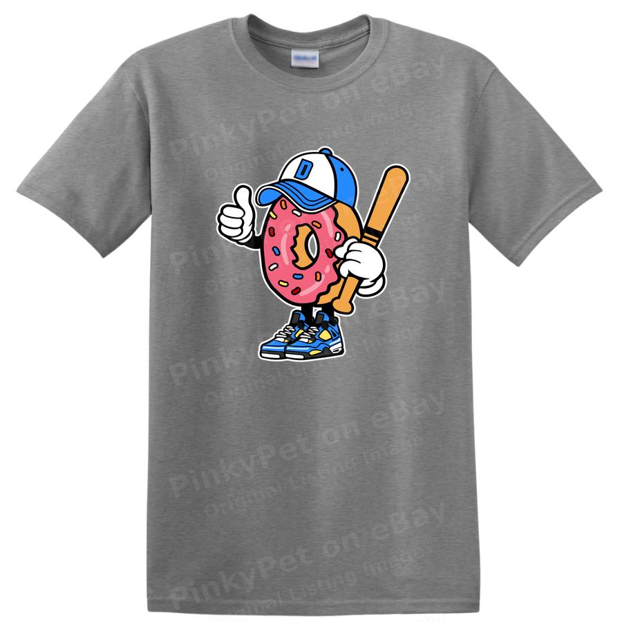 Donut Baseball Player Funny Graphic T Shirt Cool Cute Tee w/ Bat and Cap