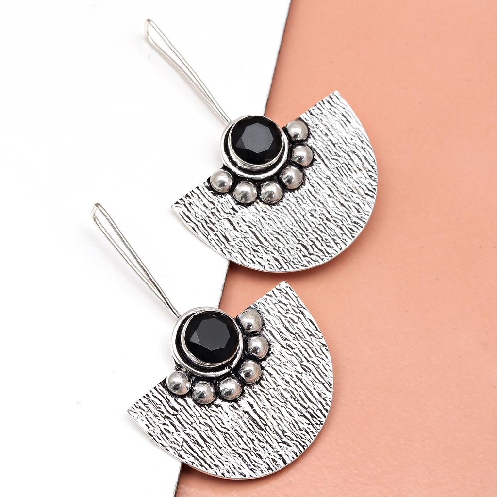 Black Onyx Gemstone Women's Gift For Her Silver Jewelry Earring 1.5''