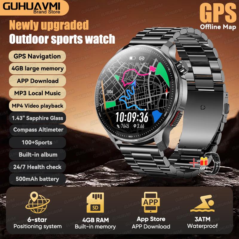 New Outdoor GPS Offline Map Sports Smart Watch Compass Altimeter 4GB Memory Video Music Playback Waterproof Smartwatch Men