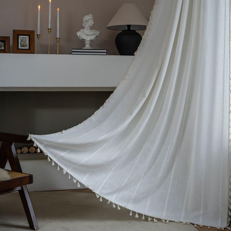 Curtain Half Blackout Cotton Linen Stripe Embroidery Orange Tassel American Curtain for Bedroom Bay Window Curtain Finished