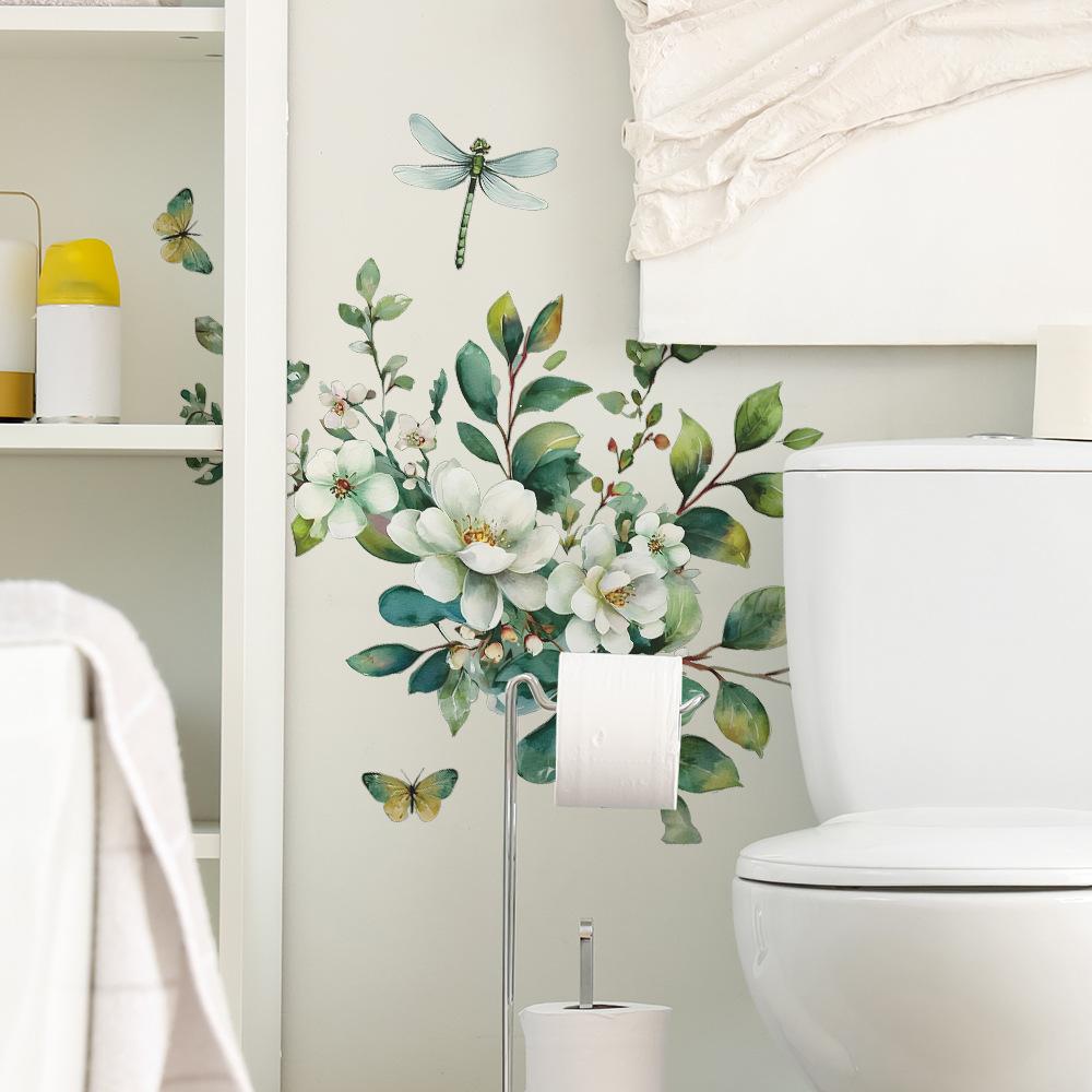 Świeże i Czyste Białe Kwiaty i Zielone Liście Naklejki do Dekoracji i Upiększania Ściany Łazienki Domowej z Motywem Ważki