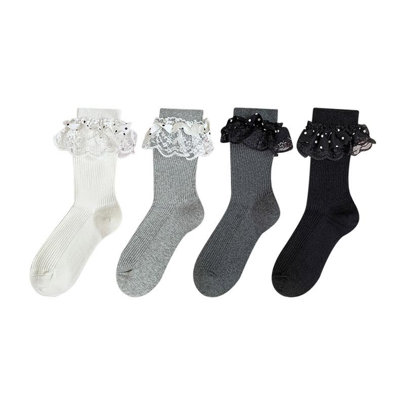 Spring and Autumn Socks, Women's Mid-calf Lace Polka Dot Black and White Pile Socks, Autumn and Winter Mid-calf Socks