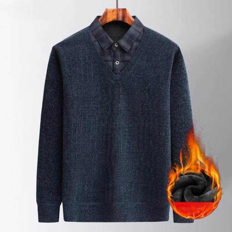 Plus Velvet Warm Sweater Fake Two-piece T-shirt Man's Chic Dad Winter Casual Thickened Bottoming Shirt