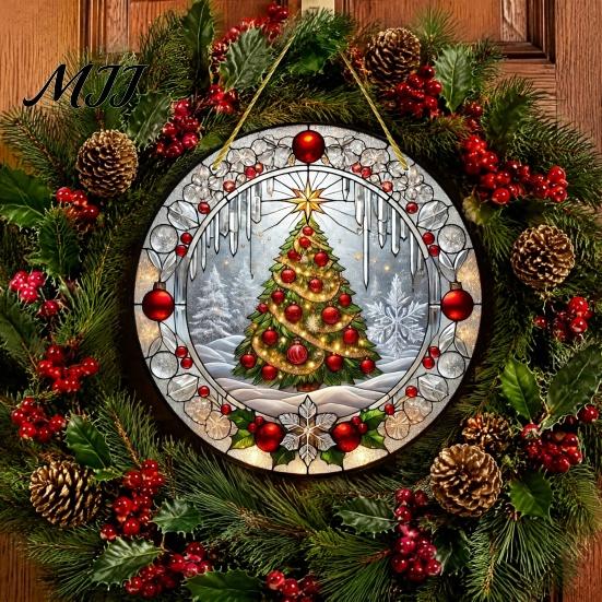 Transparent Acrylic Hanging Ornaments Stained Glass Style Window Hanging, Christmas Tree Snow Scene Xmas Gift for Family Friends Suncatcher, Door Home