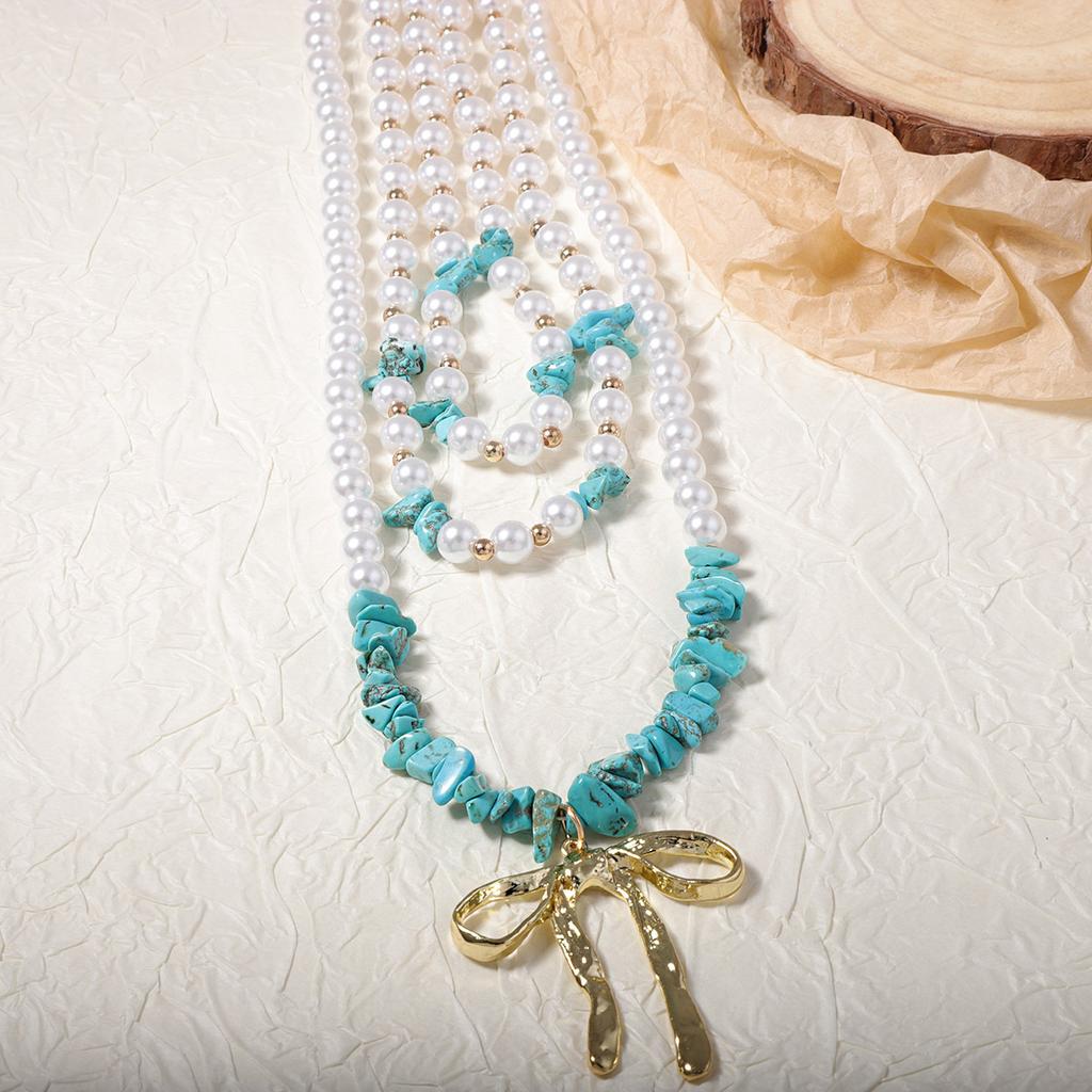 Personalized trend handmade beads multi-layer stacking alloy bow pendant necklace versatile niche design sense