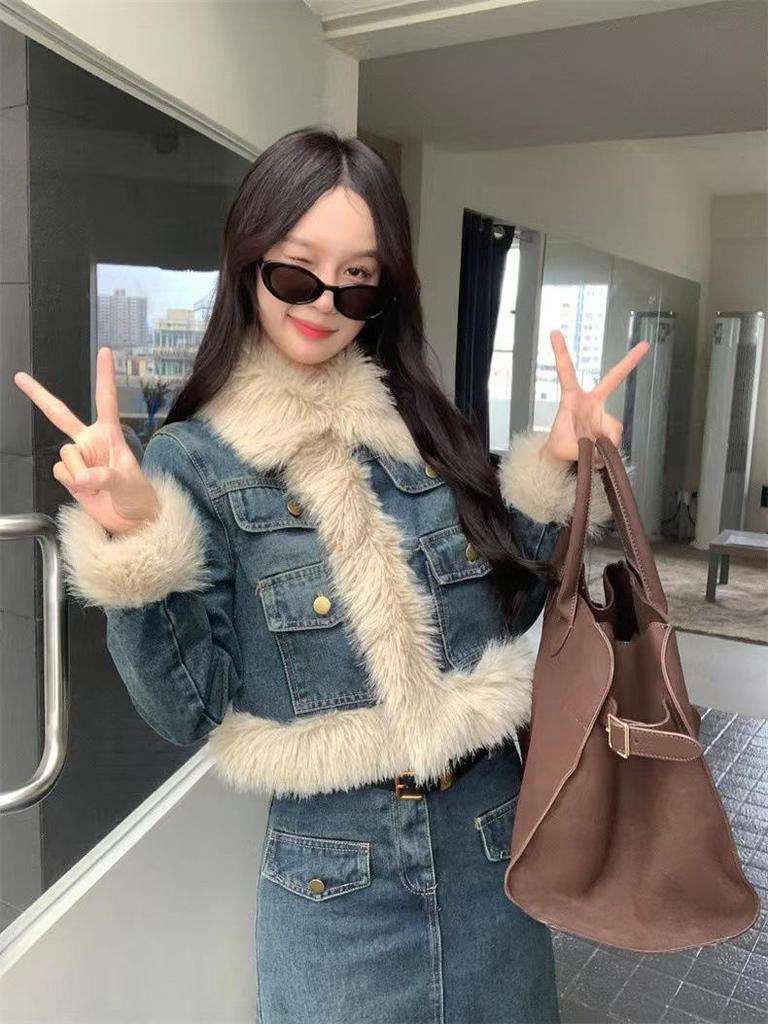 Korean Drama Inspired Retro Denim Fluffy Coat & Long Skirt Two-Piece Set