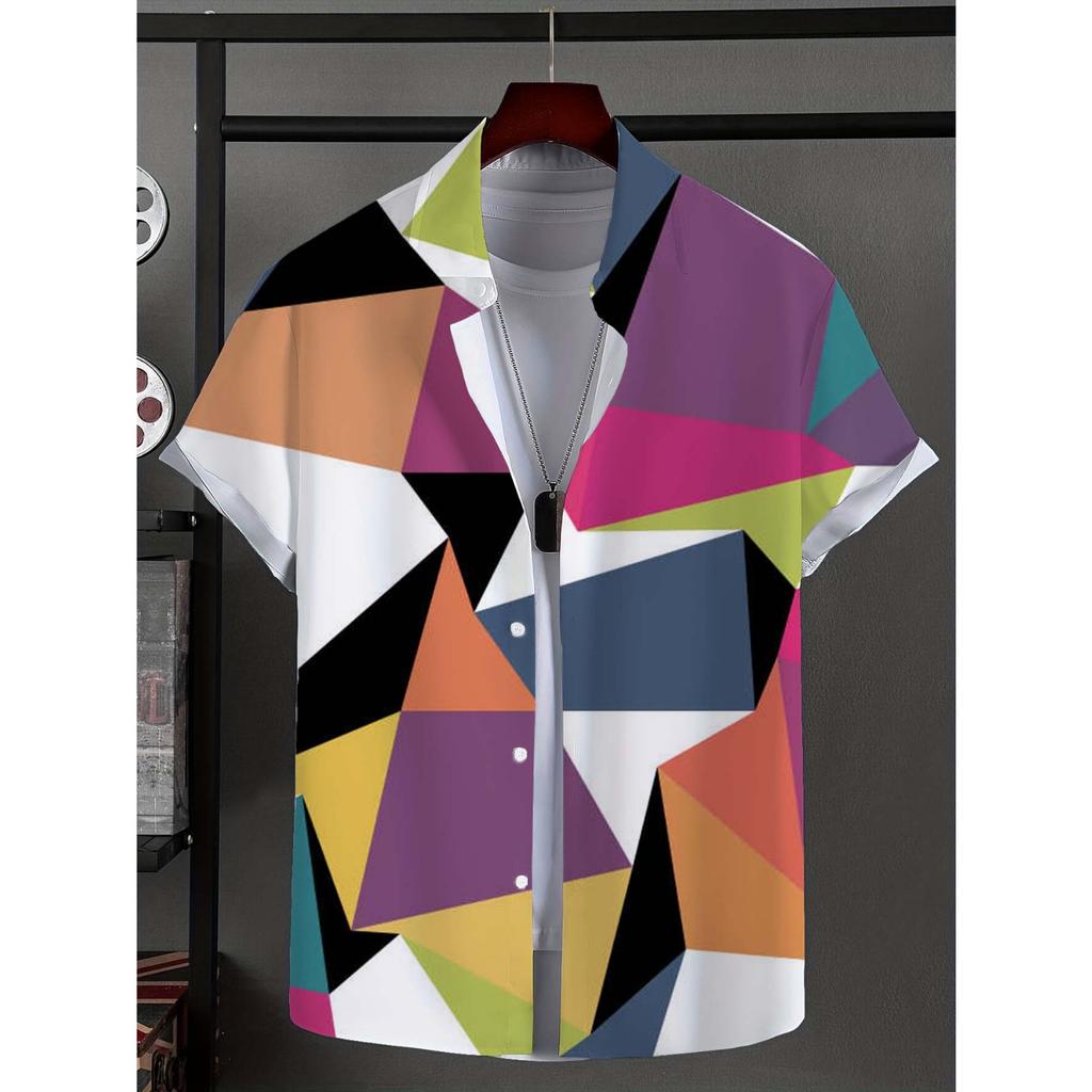 Men's Shirt with Novel Striped Patchwork Pattern Button Up Shirt, Fashionable Unisex Shirt, Vacation Collar Short Sleeved Shirt