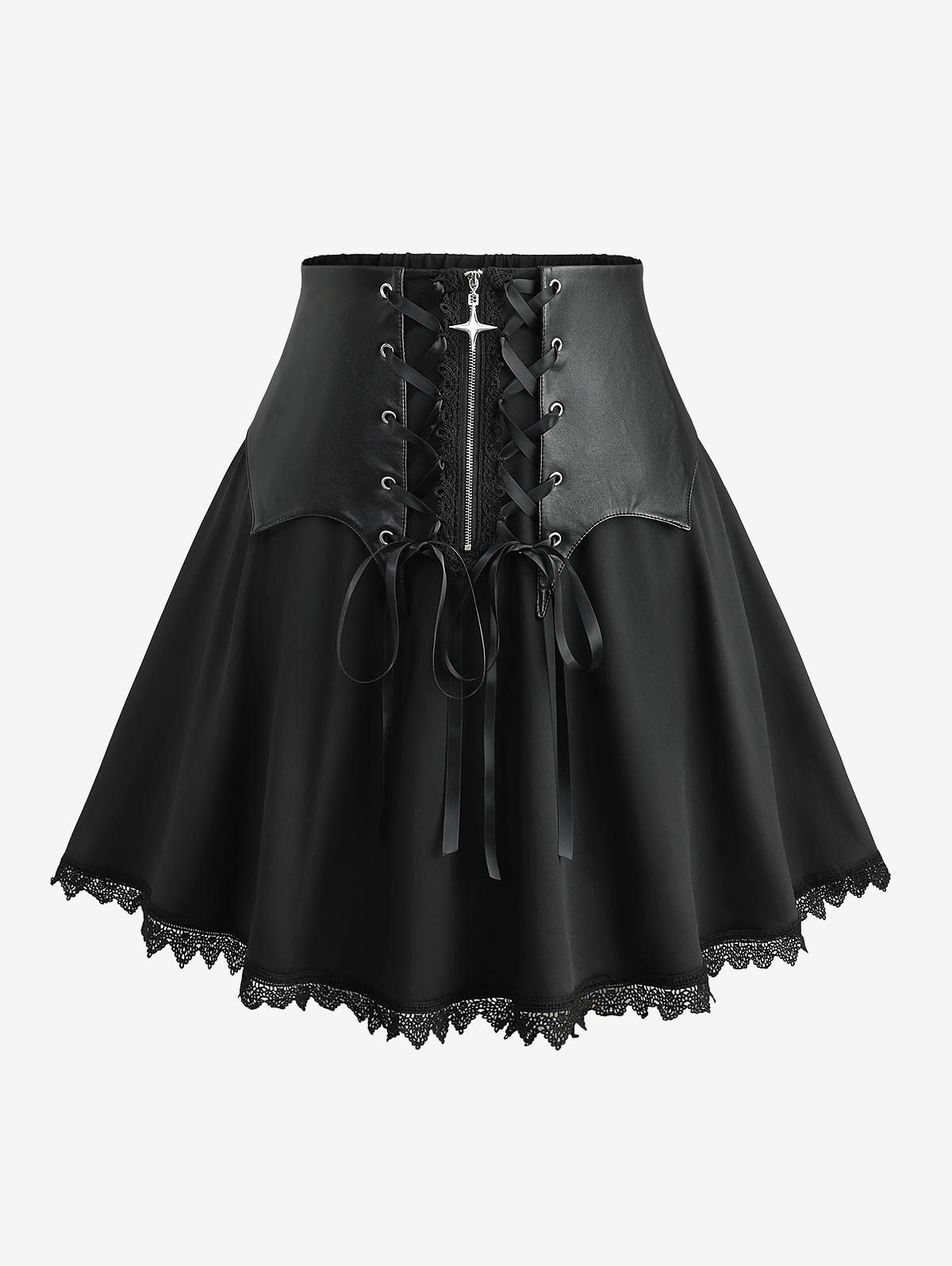 

Rosegal Plus Size Юбка А-силуэта с кружевной отделкой, вставками из искусственной кожи, перекрестной молнией и шнуровкой L чёрный