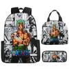 One Piece Luffy Rucksack 3-teiliges Set Schüler Schultasche Anime Rucksack Brotdose Klassisch Große Kapazität Wasserdicht