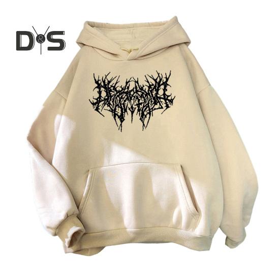 Fall Winter Unisex Hoodie Drawstring Elastic Cuff Thorn Print Thick Fleece Patch Pocket Loose Long Sleeves Pullover Warm Top